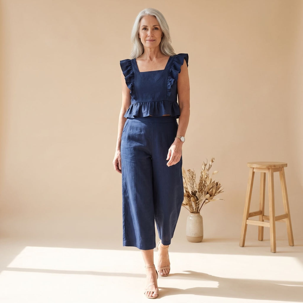 Women's Two Piece Set Ruffled Crop Top Wide-Leg Culottes - Navy Blue