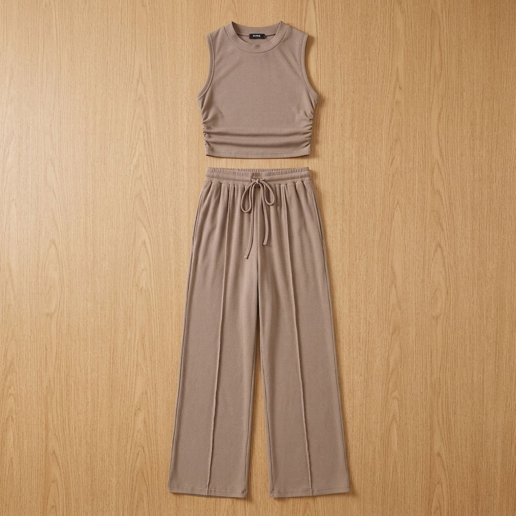 Women's Two Piece Set Sleeveless Crop Top Wide-Leg Pants - Khaki