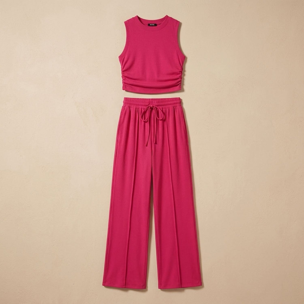 Women's Two Piece Set Sleeveless Crop Top Wide-Leg Pants - Rose Red