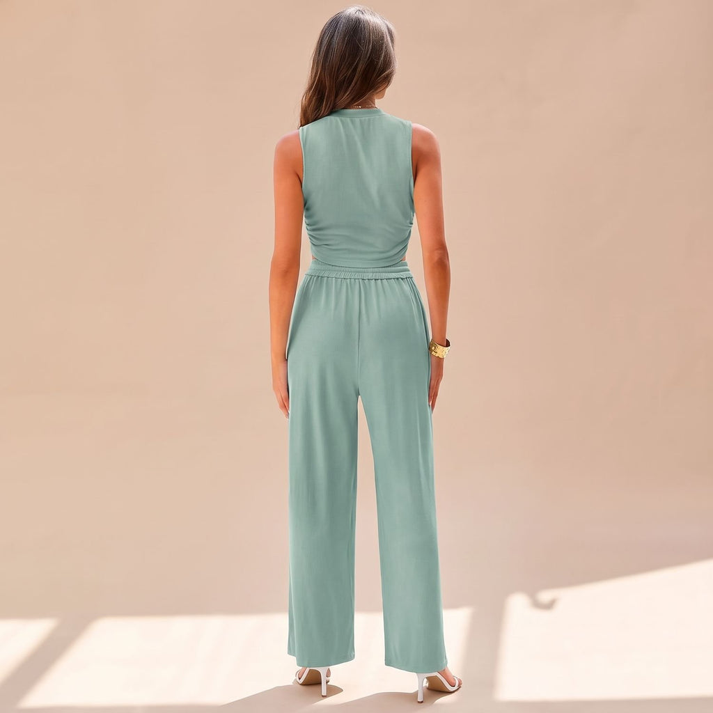 Women's Two Piece Set Sleeveless Crop Top Wide-Leg Pants