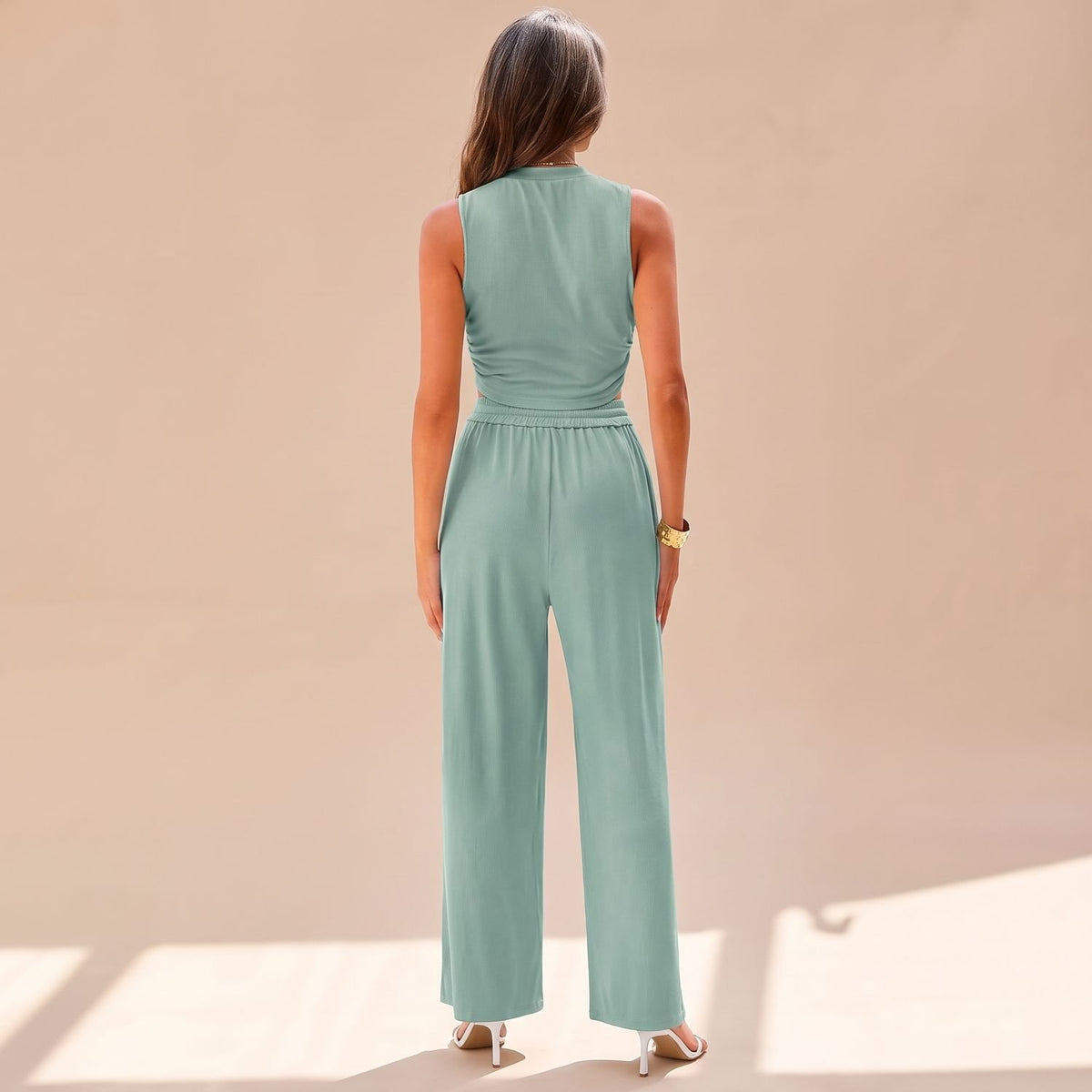 Women's Two Piece Set Sleeveless Crop Top Wide-Leg Pants