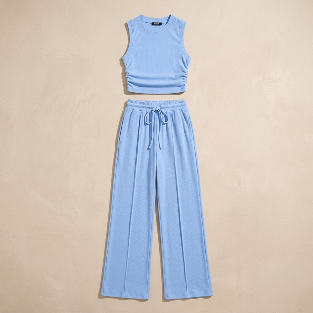 Women's Two Piece Set Sleeveless Crop Top Wide-Leg Pants - Light Blue