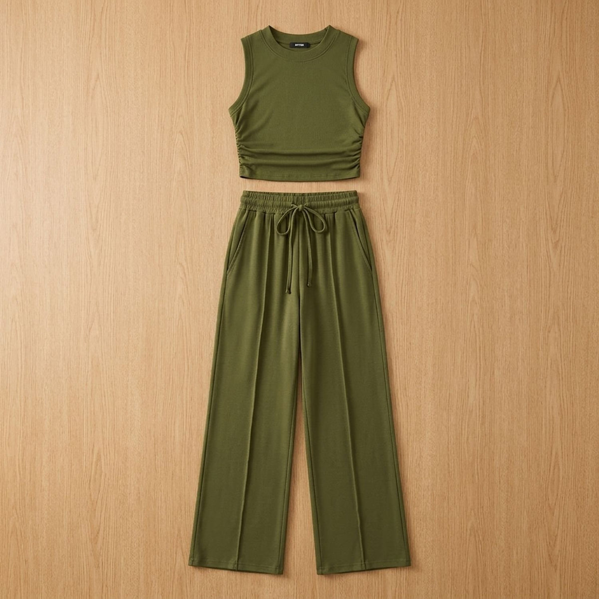 Women's Two Piece Set Sleeveless Crop Top Wide-Leg Pants - Army Green