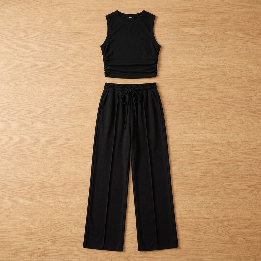 Women's Two Piece Set Sleeveless Crop Top Wide-Leg Pants - Black