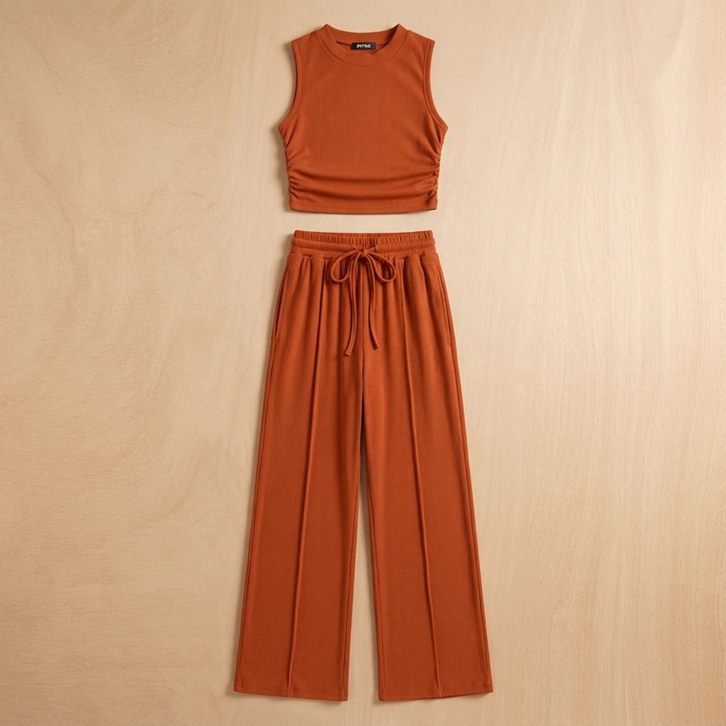Women's Two Piece Set Sleeveless Crop Top Wide-Leg Pants - Brick Red