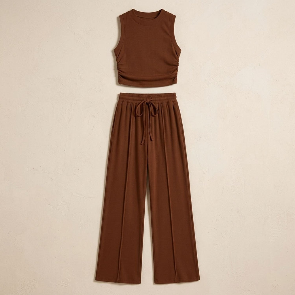 Women's Two Piece Set Sleeveless Crop Top Wide-Leg Pants - Brown