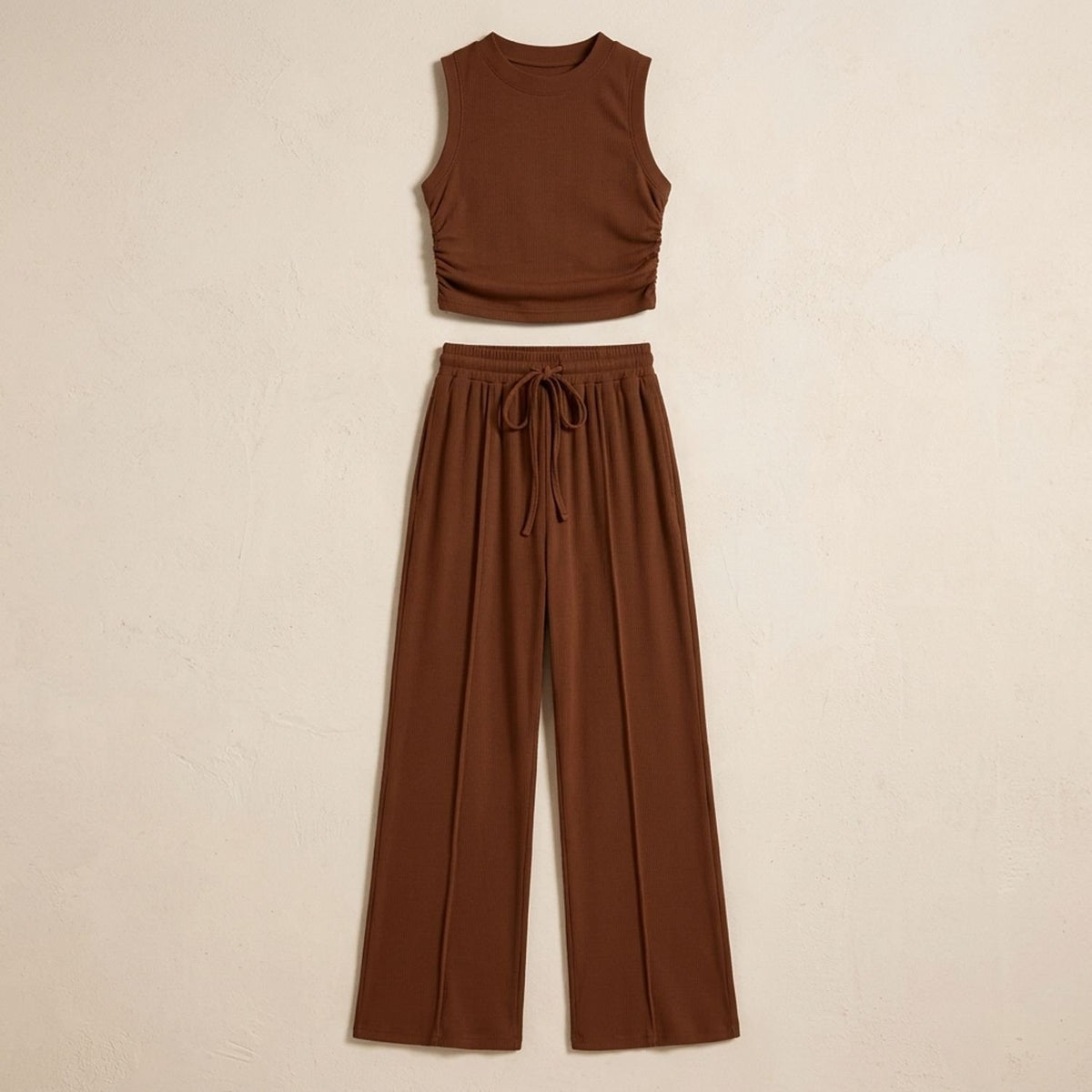 Women's Two Piece Set Sleeveless Crop Top Wide-Leg Pants - Brown