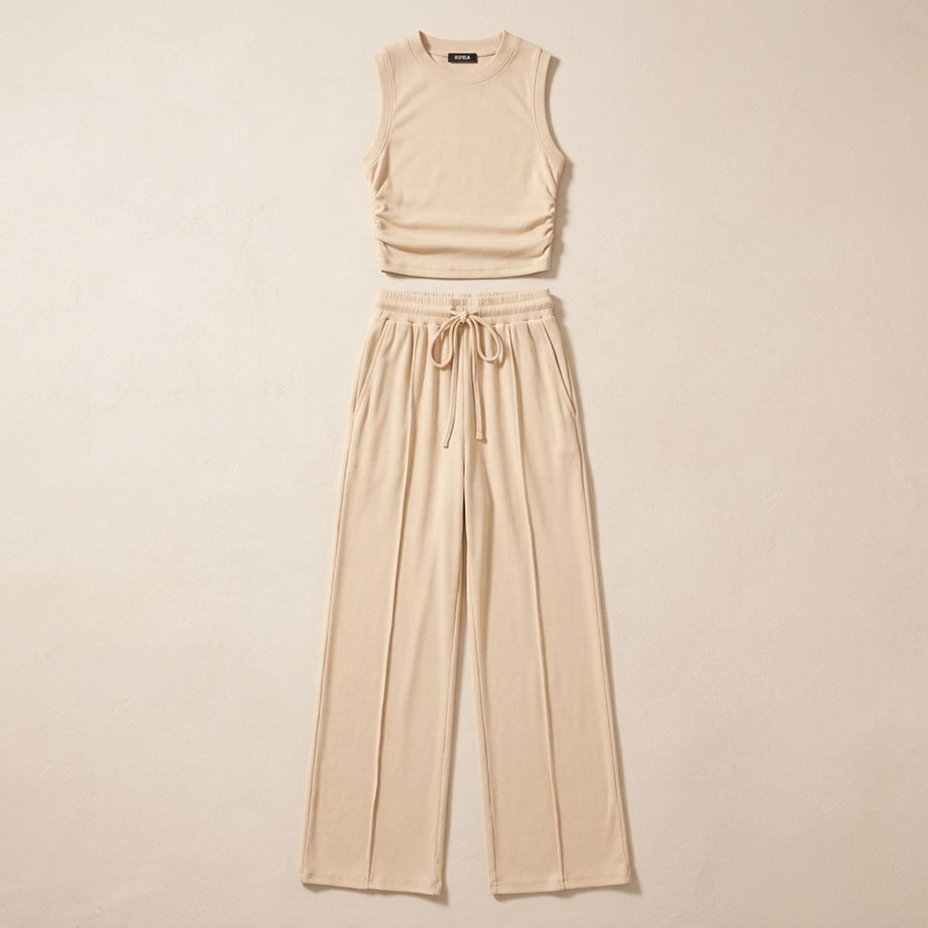 Women's Two Piece Set Sleeveless Crop Top Wide-Leg Pants - Apricot