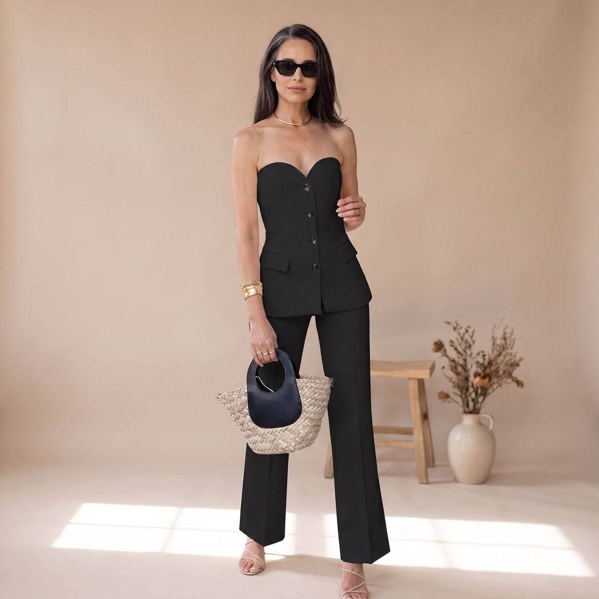 Women's Two Piece Set Sweetheart Strapless Bustier Top Wide-Leg Pants - Black