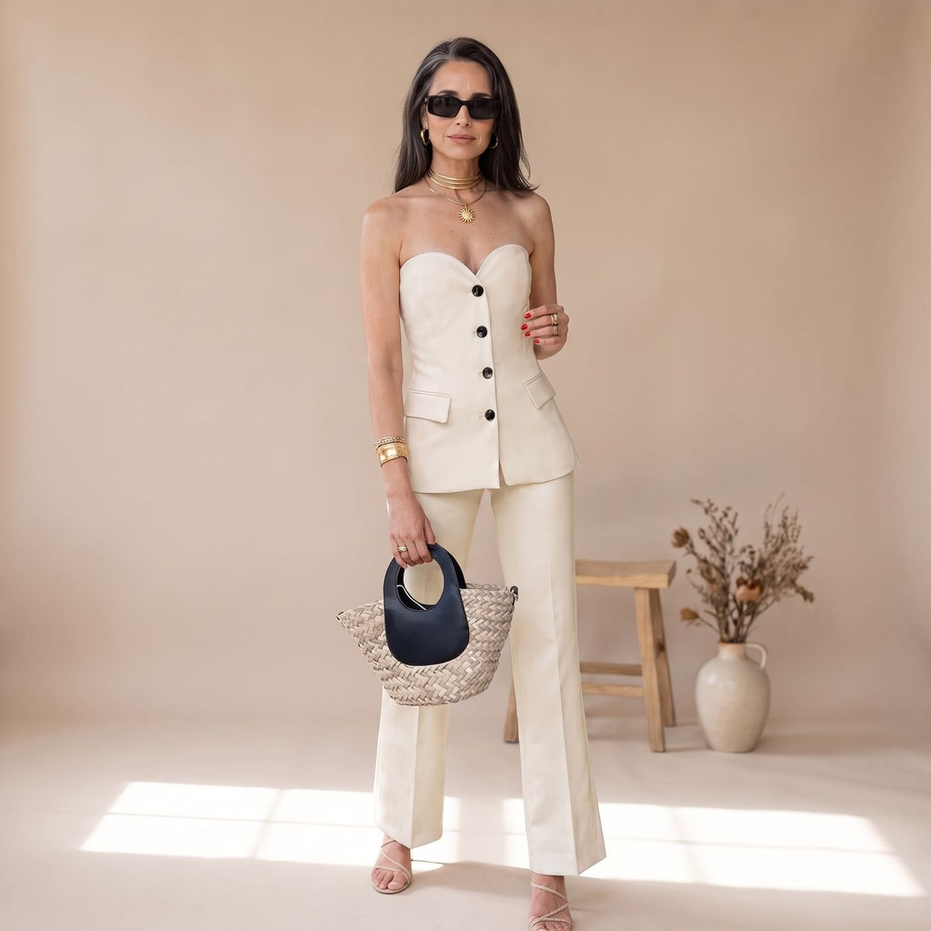 Women's Two Piece Set Sweetheart Strapless Bustier Top Wide-Leg Pants