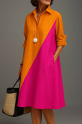 Women's Two-Tone A-Line Midi Cocktail Dress Polo Collar - Orange Pink