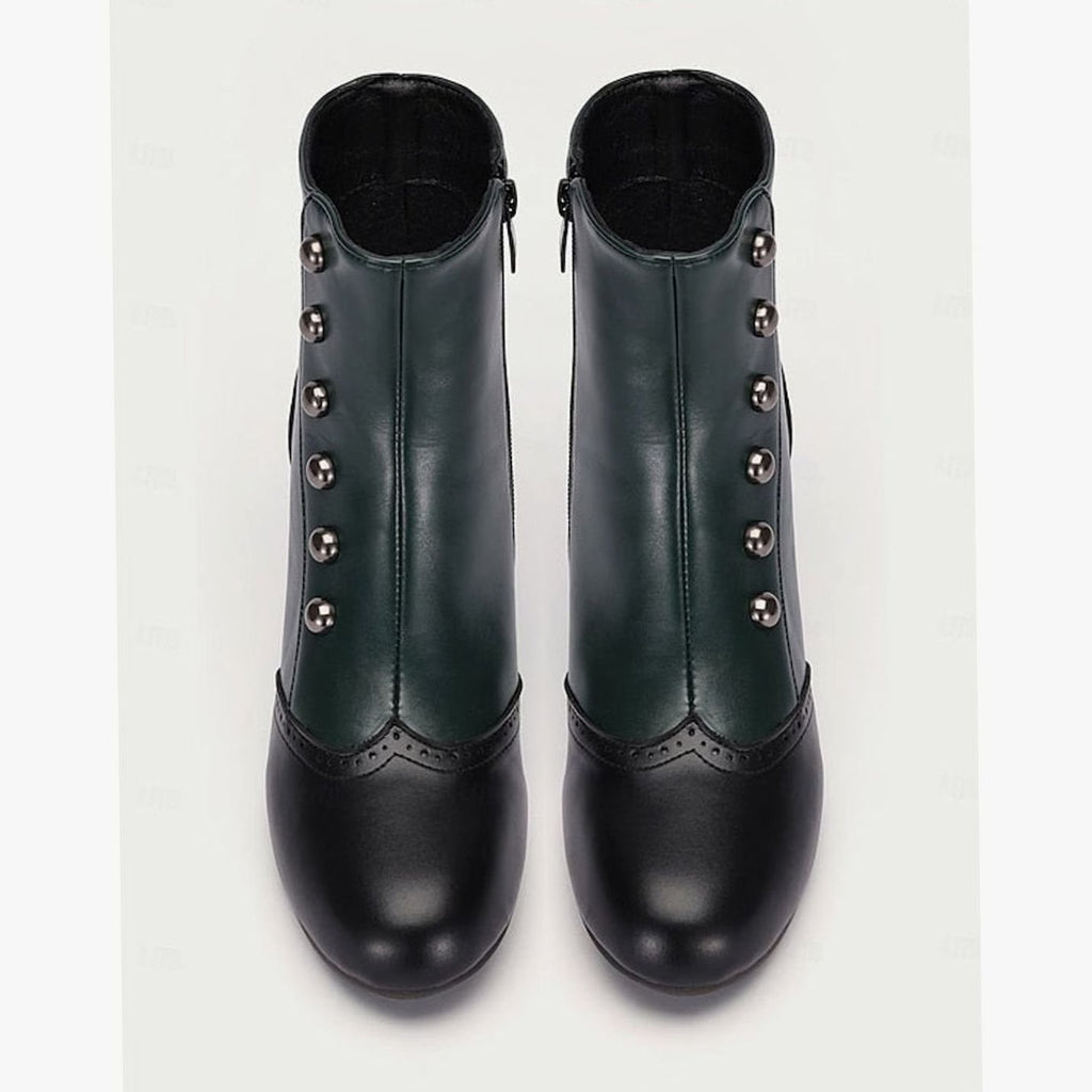 Women's Two-Tone Vintage Buttoned Spool-Heel Ankle Boots
