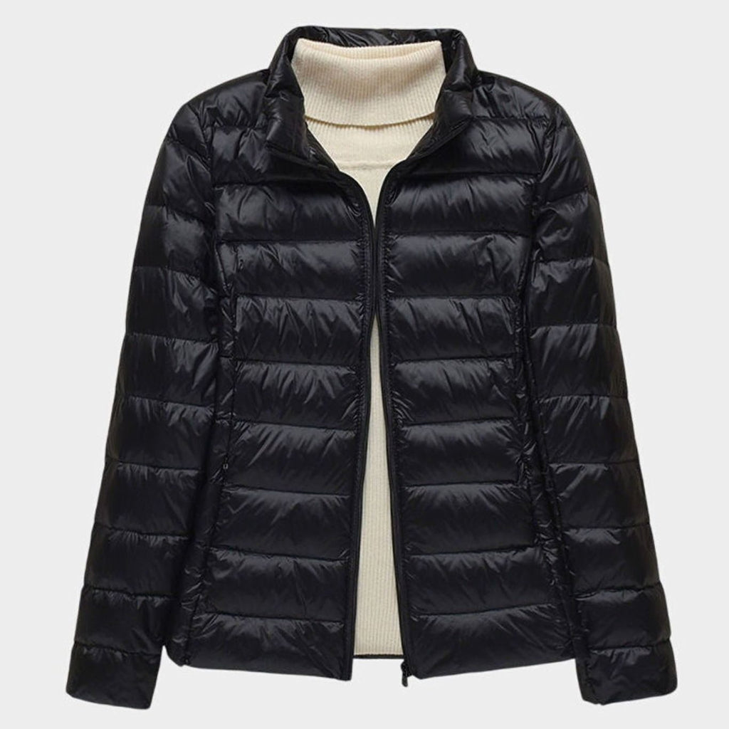 Women's Ultra-Light Hooded Quilted Winter Coat Puffer Jacket - Black Stand-Up Collar