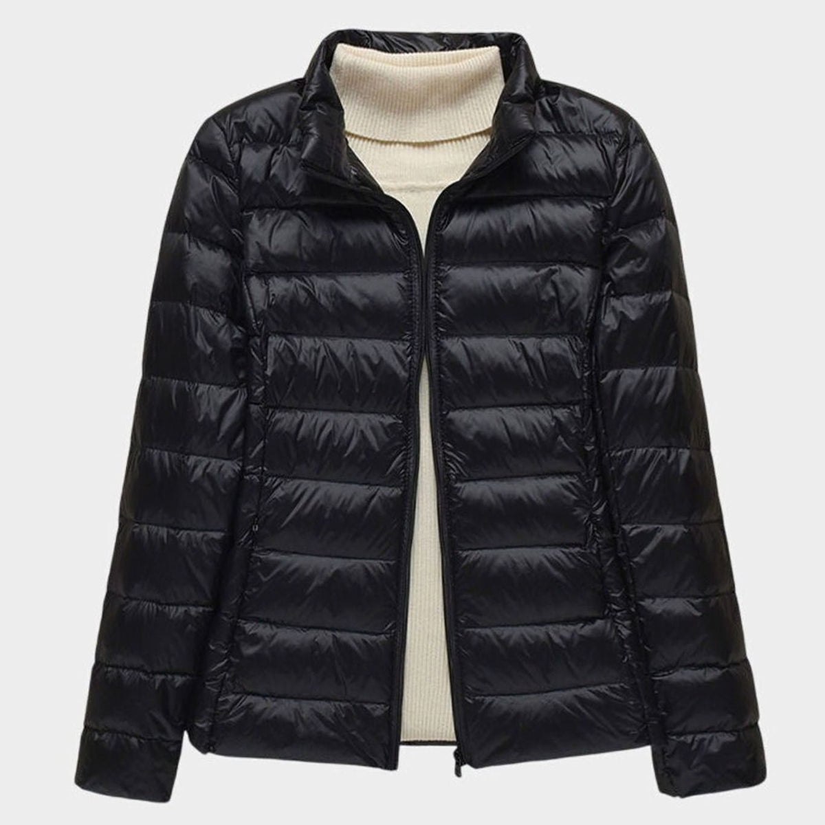Women's Ultra-Light Hooded Quilted Winter Coat Puffer Jacket - Black Stand-Up Collar