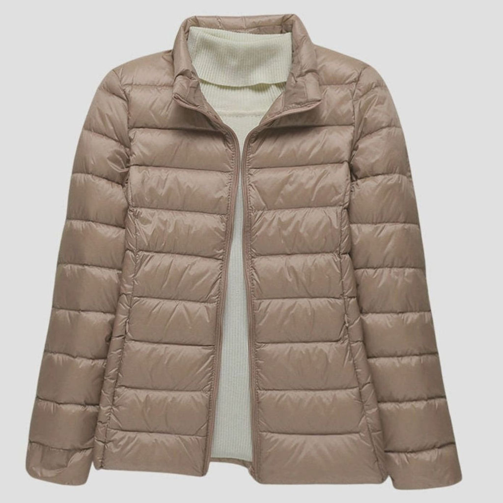 Women's Ultra-Light Hooded Quilted Winter Coat Puffer Jacket - Khaki Stand-Up Collar