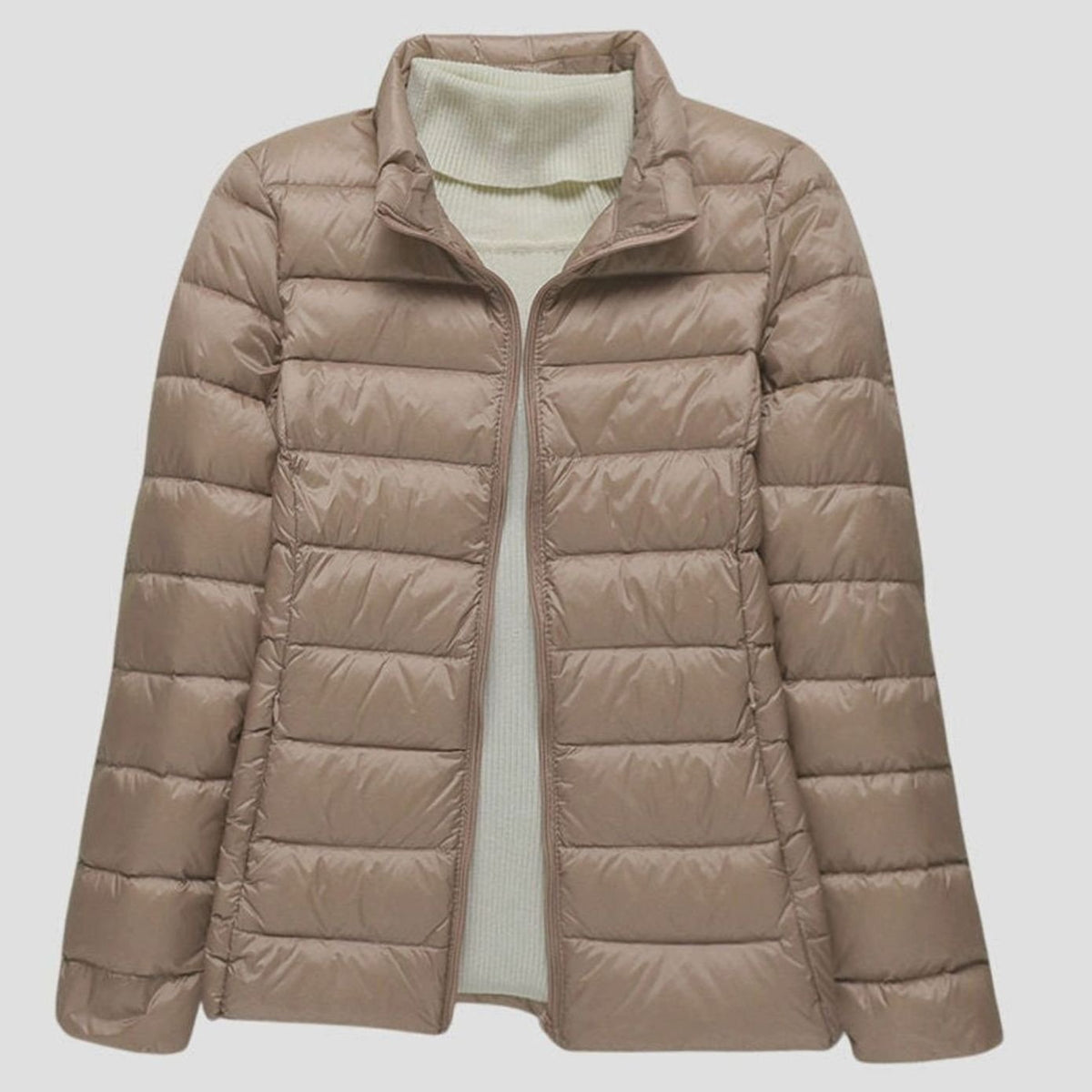 Women's Ultra-Light Hooded Quilted Winter Coat Puffer Jacket - Khaki Stand-Up Collar