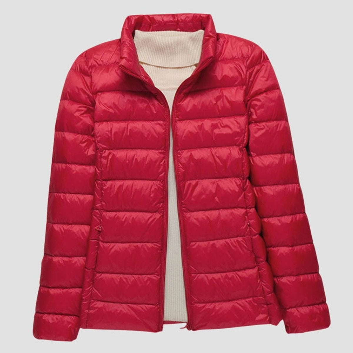 Women's Ultra-Light Hooded Quilted Winter Coat Puffer Jacket - Red Stand-Up Collar