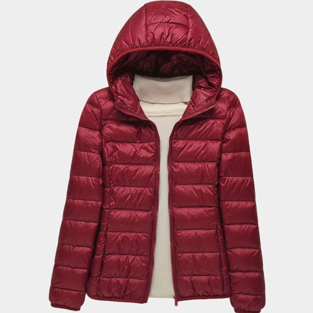 Women's Ultra-Light Hooded Quilted Winter Coat Puffer Jacket - Burgundy Hood
