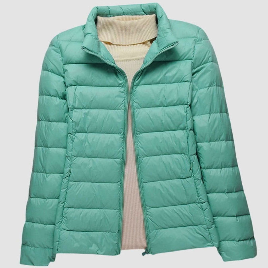 Women's Ultra-Light Hooded Quilted Winter Coat Puffer Jacket - Turquoise Stand-Up Collar