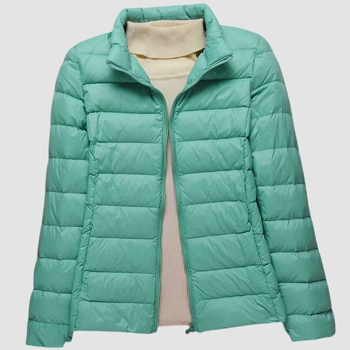 Women's Ultra-Light Hooded Quilted Winter Coat Puffer Jacket - Turquoise Stand-Up Collar