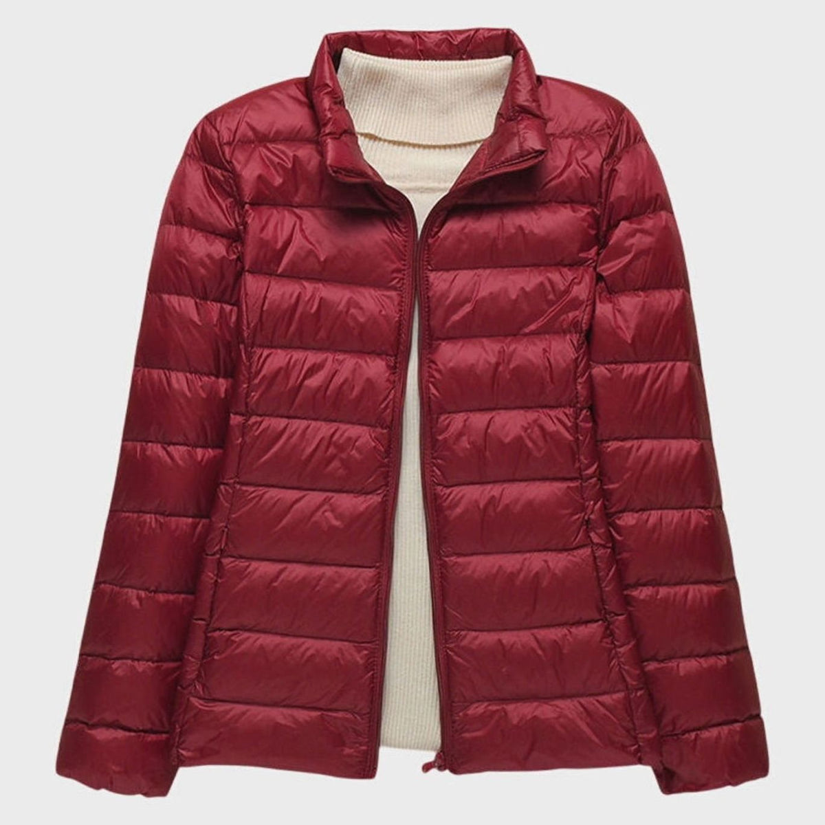 Women's Ultra-Light Hooded Quilted Winter Coat Puffer Jacket - Burgundy Stand-Up Collar