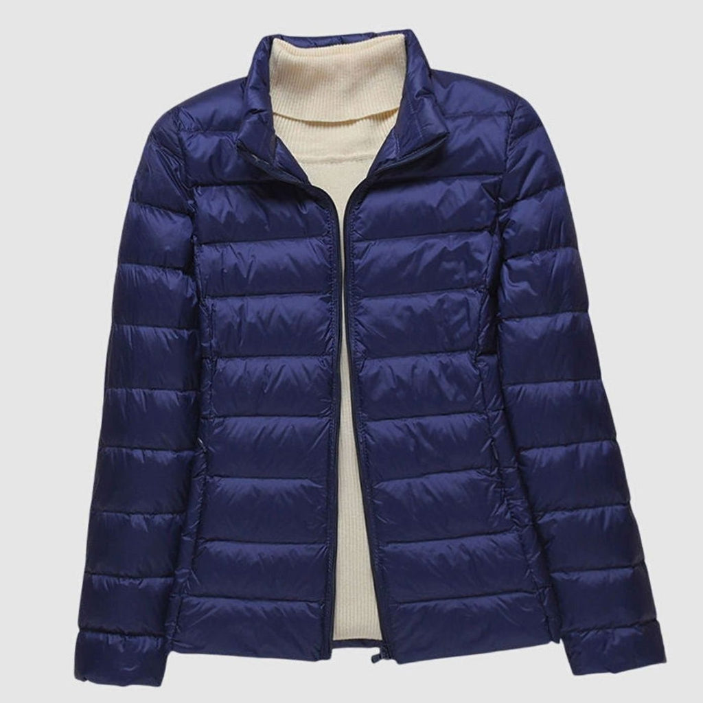 Women's Ultra-Light Hooded Quilted Winter Coat Puffer Jacket - Dark Blue Stand-Up Collar
