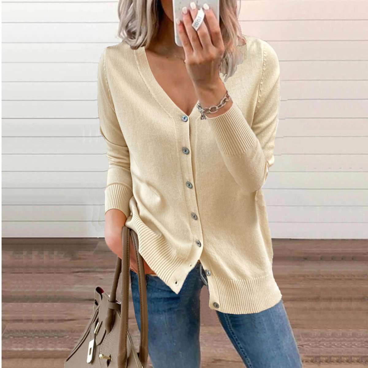 Women's V-Neck Button-Front Knit Cardigan Sweater - Beige
