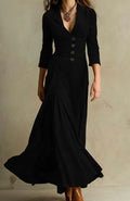 Women's V-Neck Button-Front Long Sleeve Maxi Dress - Black
