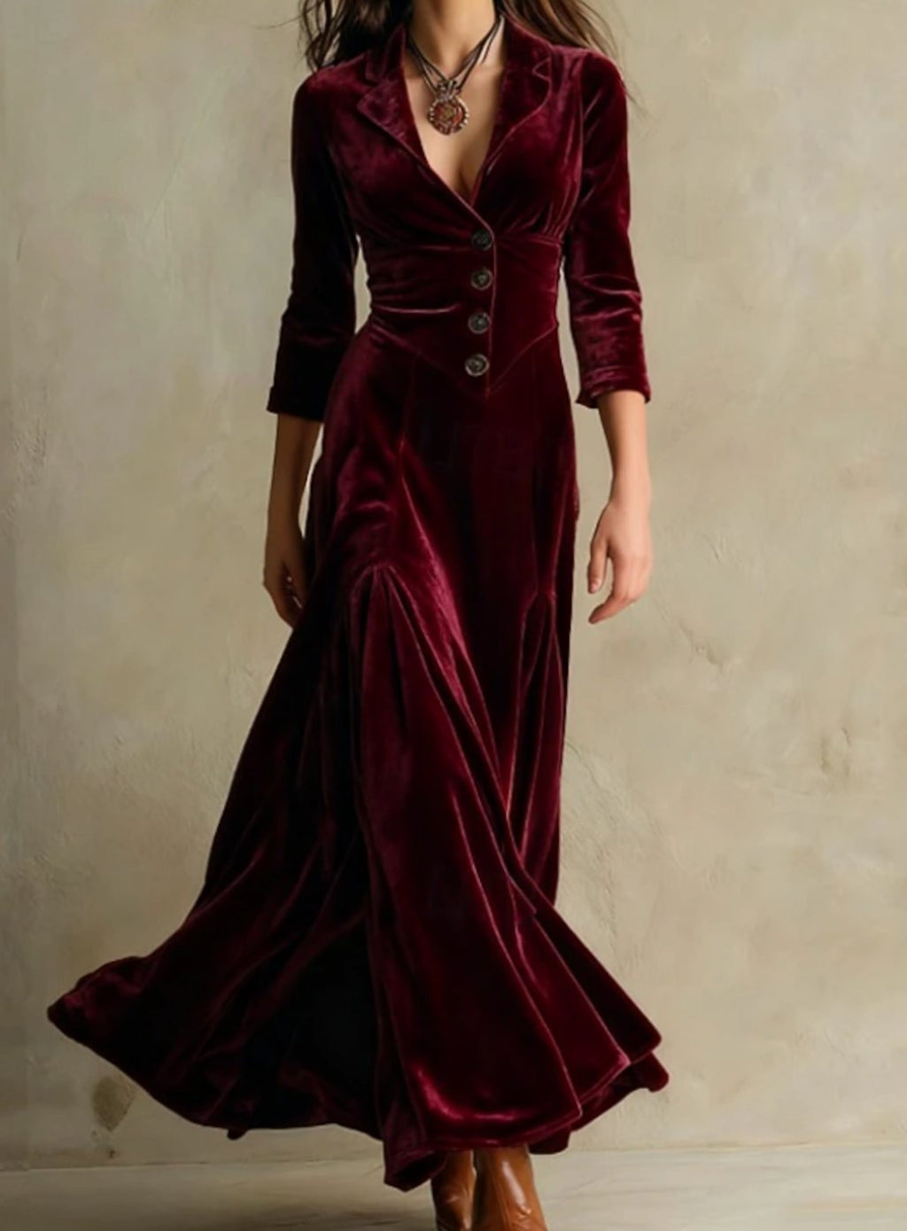 Women's V-Neck Button-Front Long Sleeve Maxi Dress - Burgundy