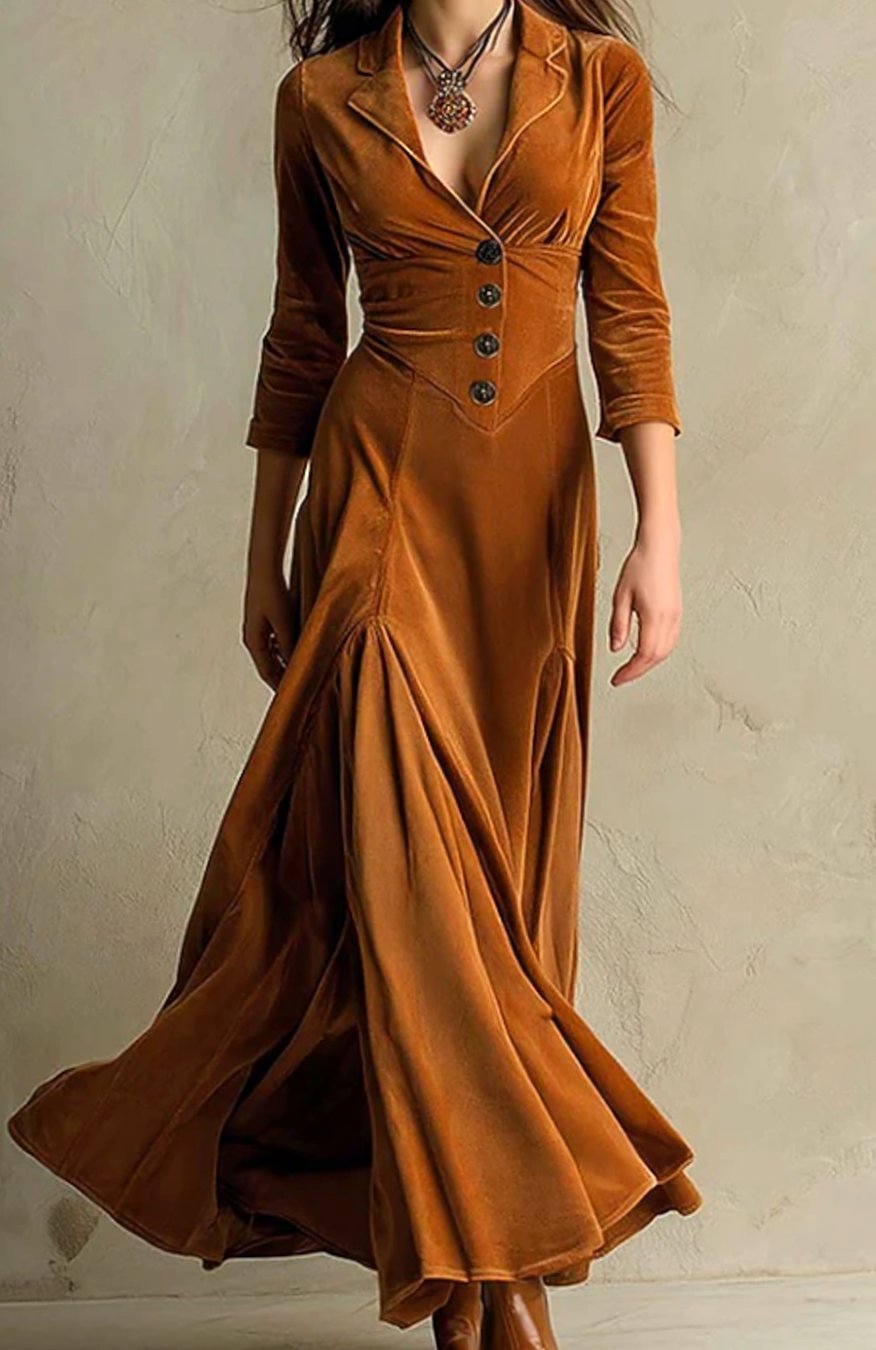 Women's V-Neck Button-Front Long Sleeve Maxi Dress - Brown