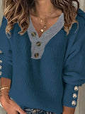 Women's V-Neck Button-Trim Ribbed Knit Pullover Sweater - Sea Blue