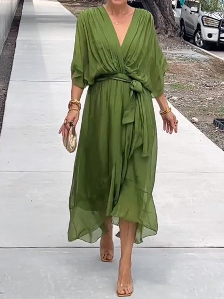 Women's V-Neck Chiffon Belted Cocktail Party Dress - Green