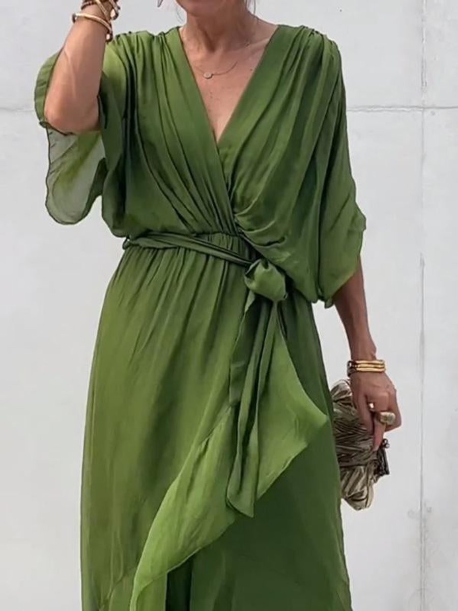 Women's V-Neck Chiffon Belted Cocktail Party Dress