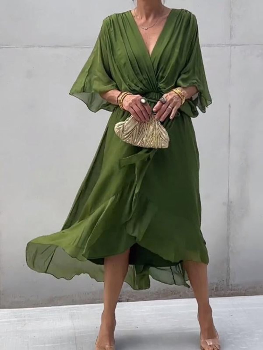 Women's V-Neck Chiffon Belted Cocktail Party Dress