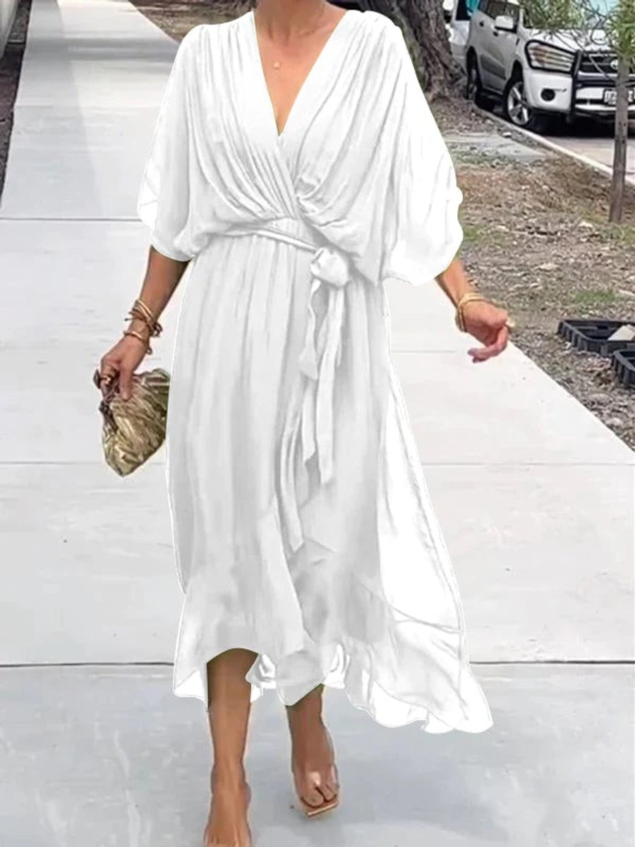 Women's V-Neck Chiffon Belted Cocktail Party Dress - White