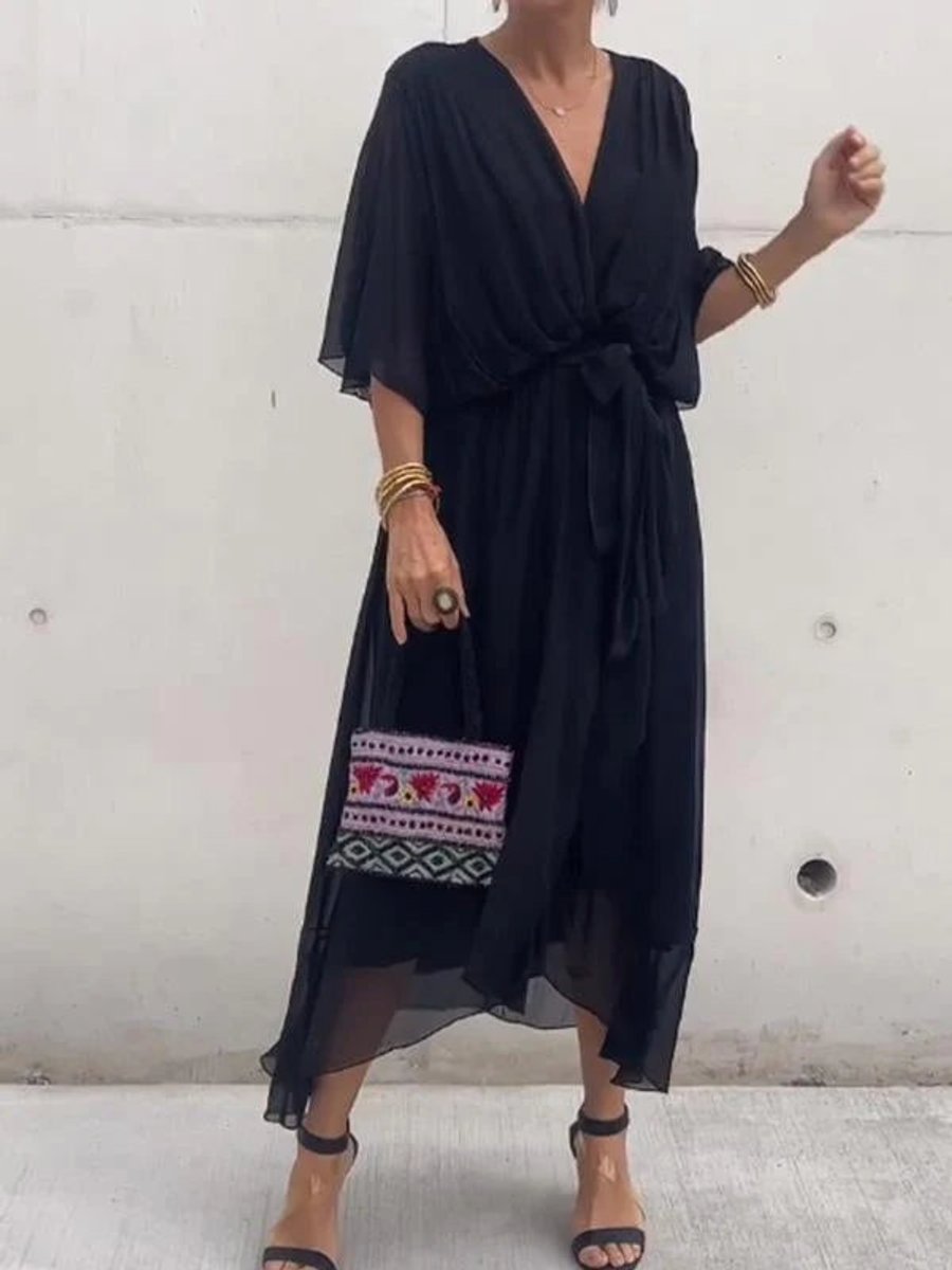Women's V-Neck Chiffon Belted Cocktail Party Dress - Black