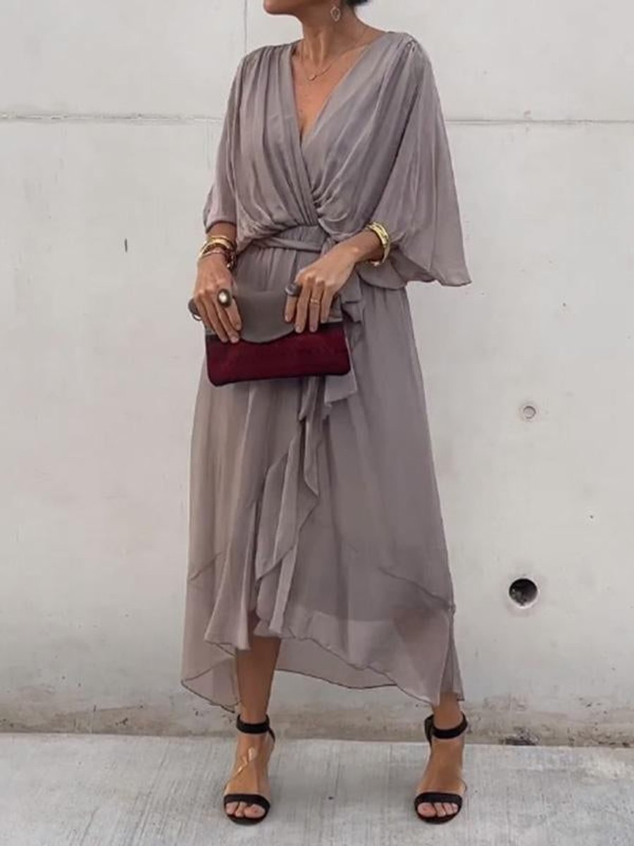 Women's V-Neck Chiffon Belted Cocktail Party Dress - Gray