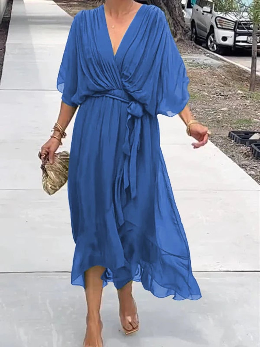 Women's V-Neck Chiffon Belted Cocktail Party Dress - Blue