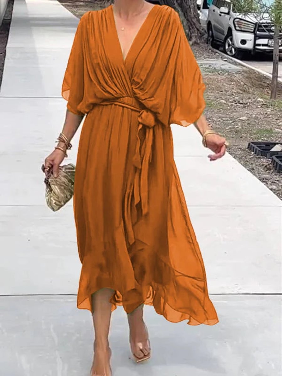 Women's V-Neck Chiffon Belted Cocktail Party Dress - Orange