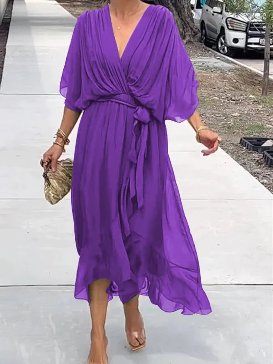 Women's V-Neck Chiffon Belted Cocktail Party Dress - Purple