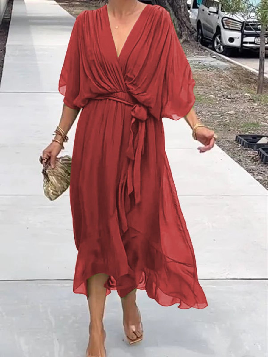 Women's V-Neck Chiffon Belted Cocktail Party Dress - Red