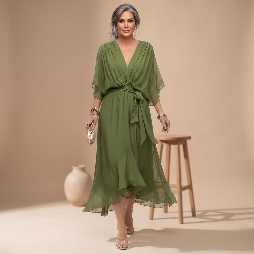Women's V-Neck Chiffon Belted Midi Wrap Dress - Green