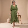Women's V-Neck Chiffon Belted Midi Wrap Dress - Green