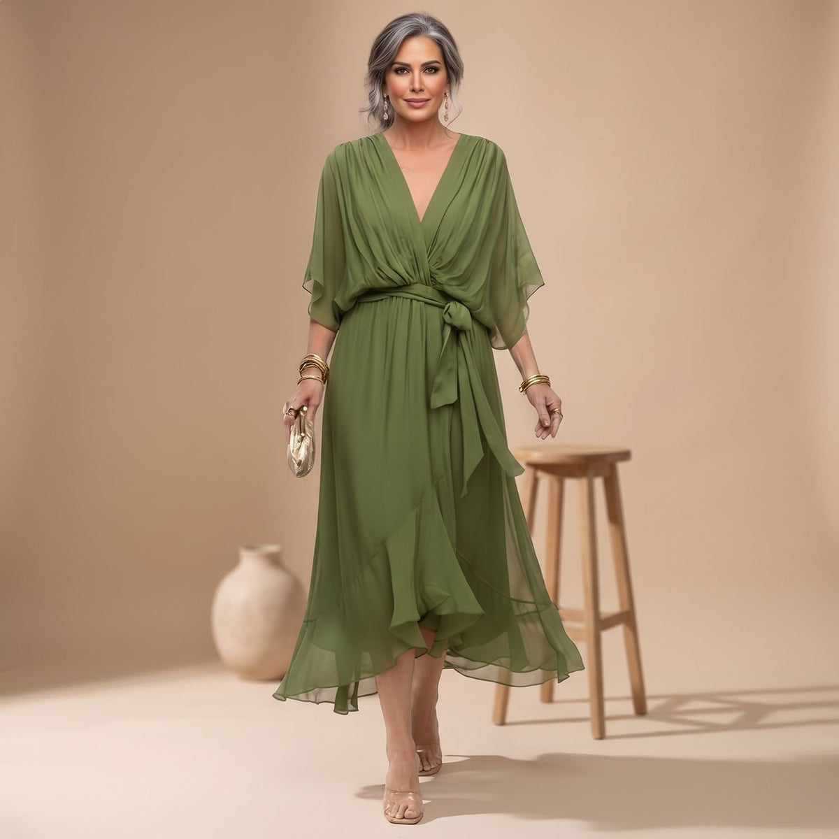 Women's V-Neck Chiffon Belted Midi Wrap Dress - Green