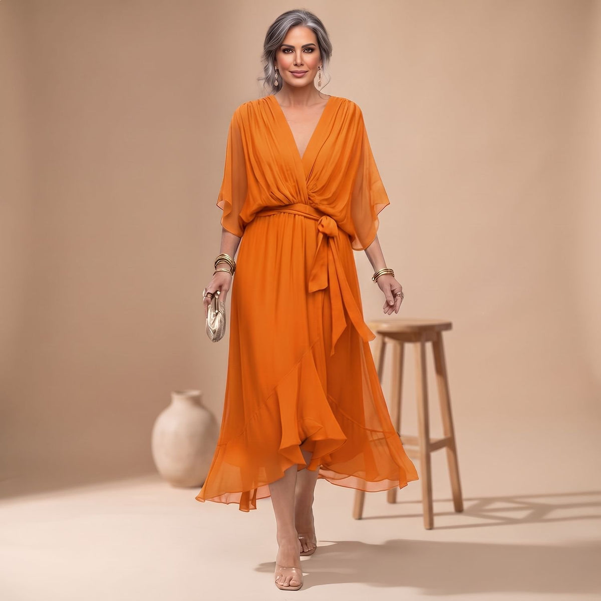 Women's V-Neck Chiffon Belted Midi Wrap Dress - Orange
