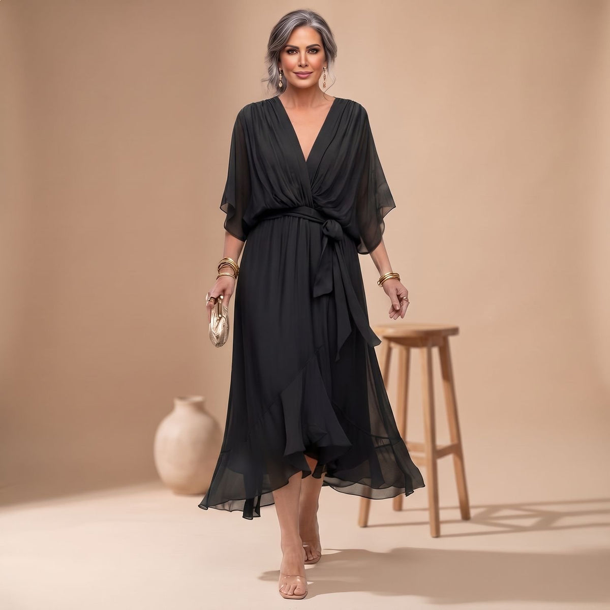 Women's V-Neck Chiffon Belted Midi Wrap Dress - Black