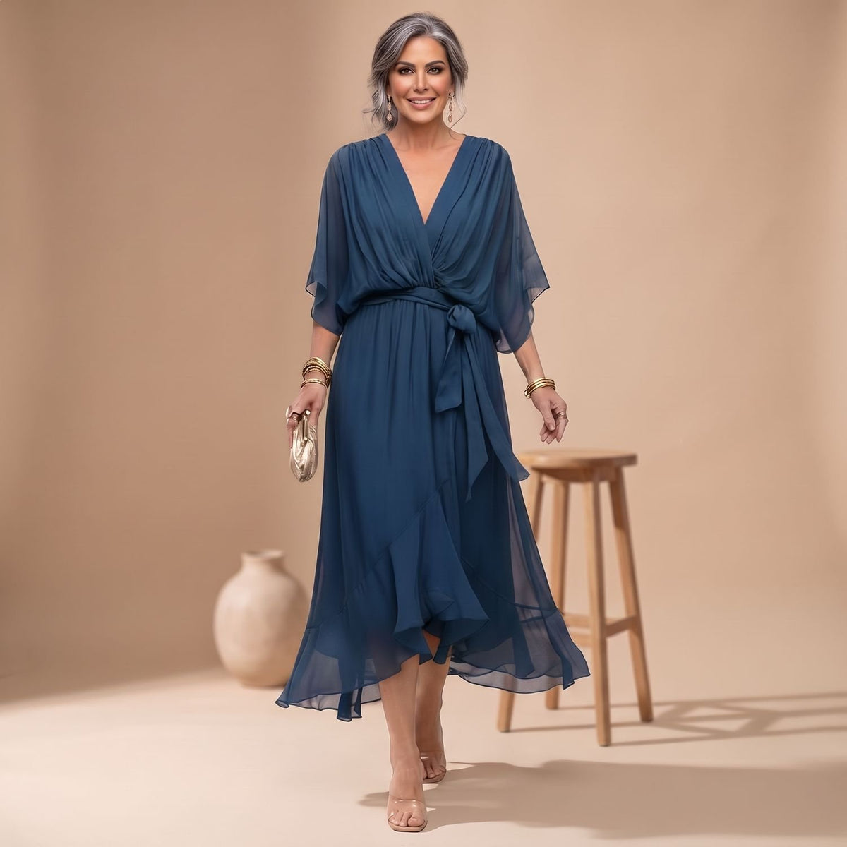 Women's V-Neck Chiffon Belted Midi Wrap Dress - Blue