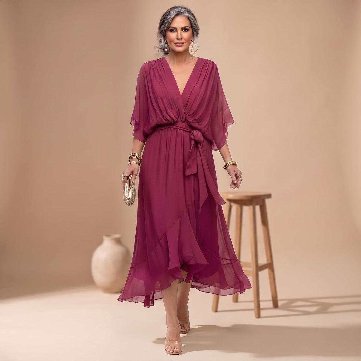 Women's V-Neck Chiffon Belted Midi Wrap Dress - Red