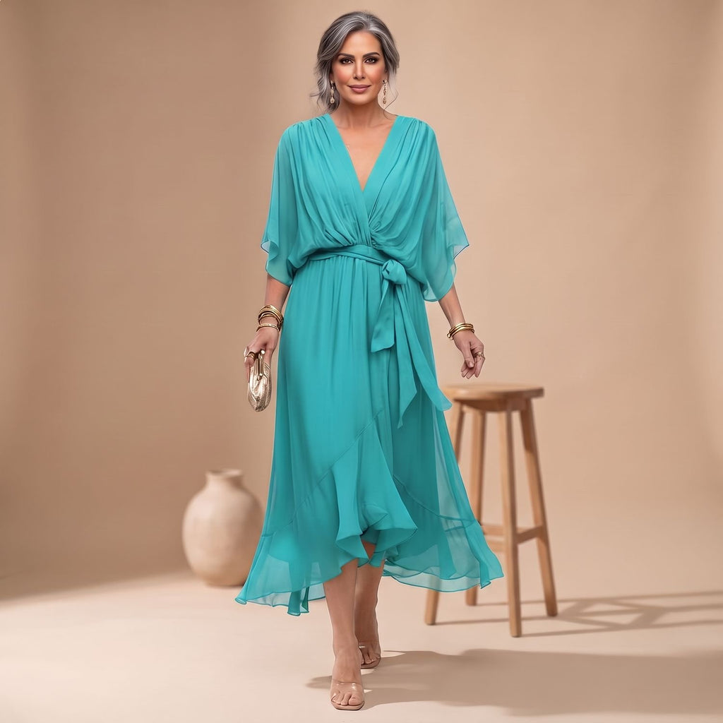 Women's V-Neck Chiffon Belted Midi Wrap Dress - Turquoise