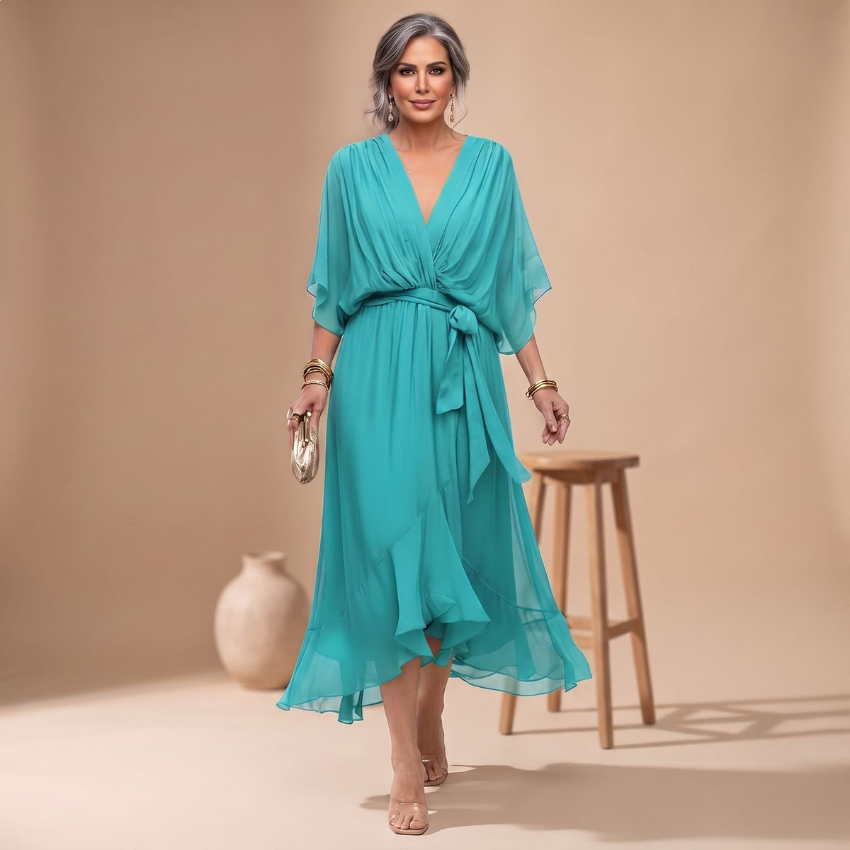 Women's V-Neck Chiffon Belted Midi Wrap Dress - Turquoise